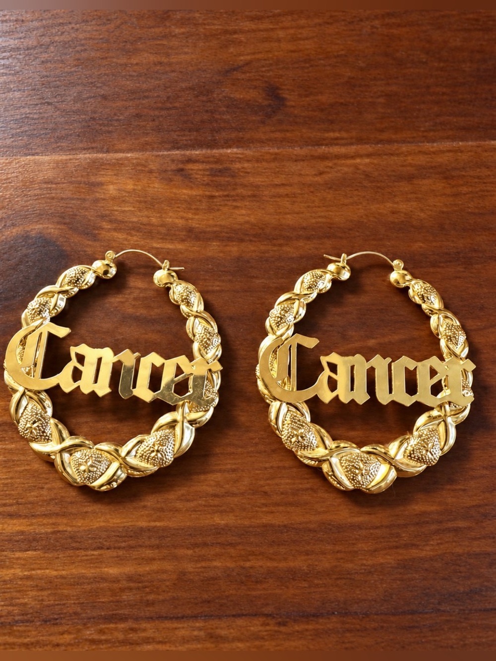 90’s Gold Tone Cancer Zodiac Statement Hoop Earrings